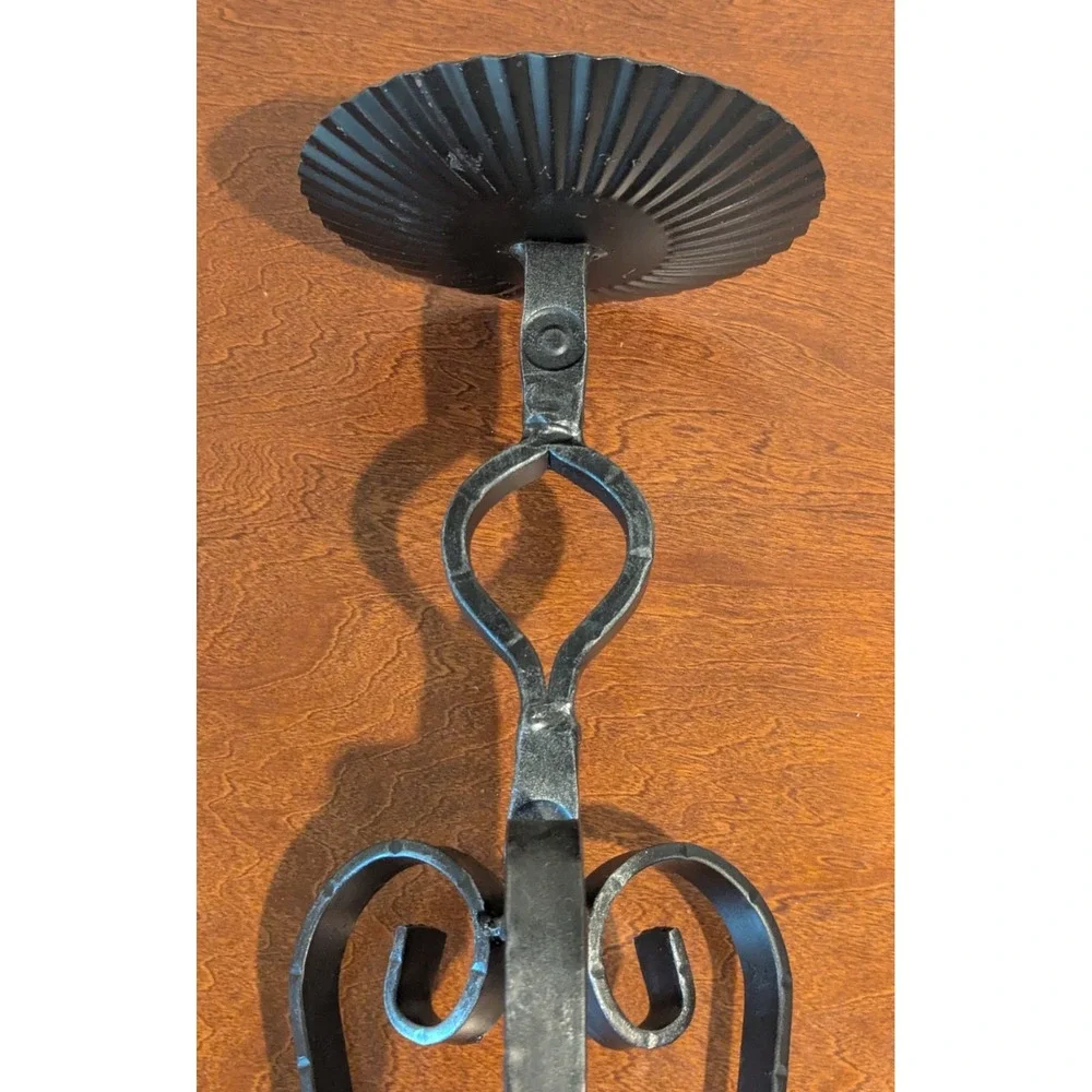 VTG Hand-Forged Black Iron Candle Holder Substantial Weight Scroll Design 13